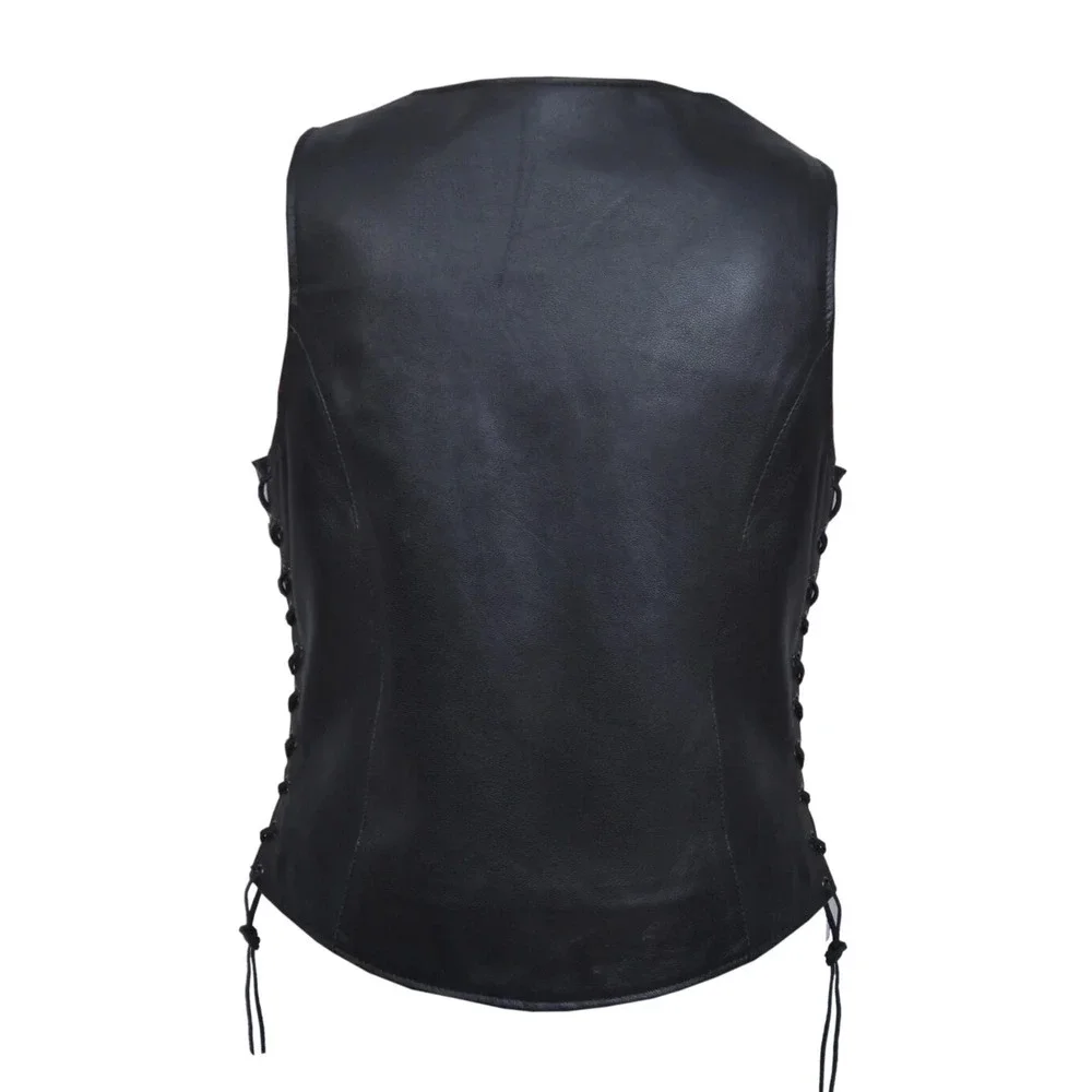 Unik Premium Women Sz M Black Leather Snap Front Vest Side Laces Paisley Liner - Picture 8 of 16